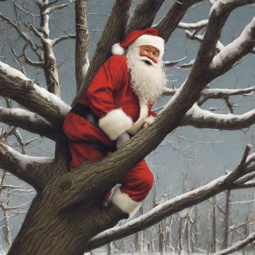 Prompt: Santa claus caught in a tree