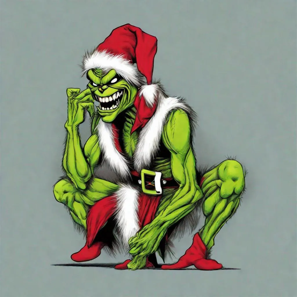 Prompt: Eddie from Iron Maiden as the grinch