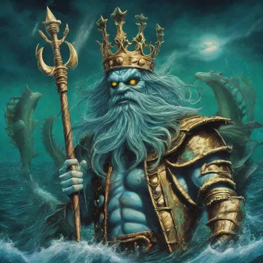 Prompt: Eddie from Iron Maiden as king neptune