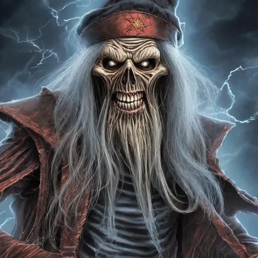 Prompt: Eddie from Iron Maiden is a wizard