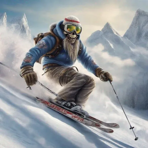 Prompt: Eddie from Iron Maiden is skiing