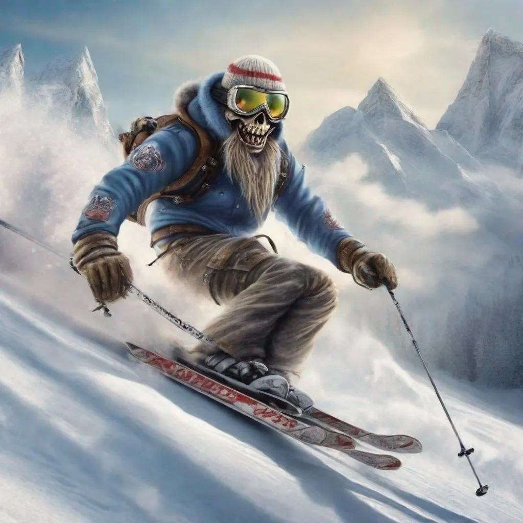 Prompt: Eddie from Iron Maiden is skiing