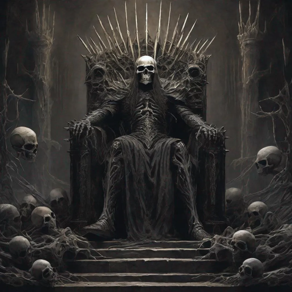 Prompt: In the darkest depths of mordor sits the bone king on his throne of bones