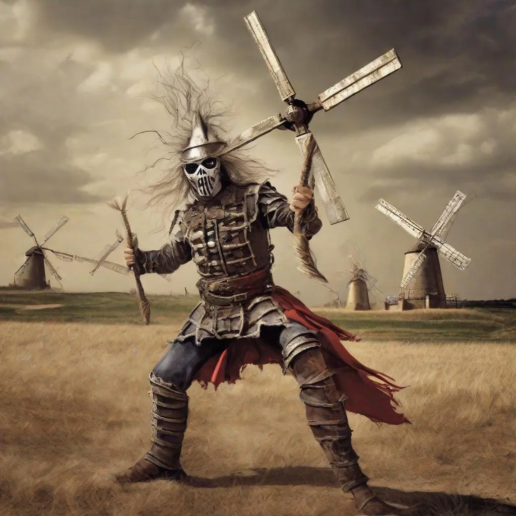 Prompt: Eddie from Iron Maiden as don Quichot fighting windmills