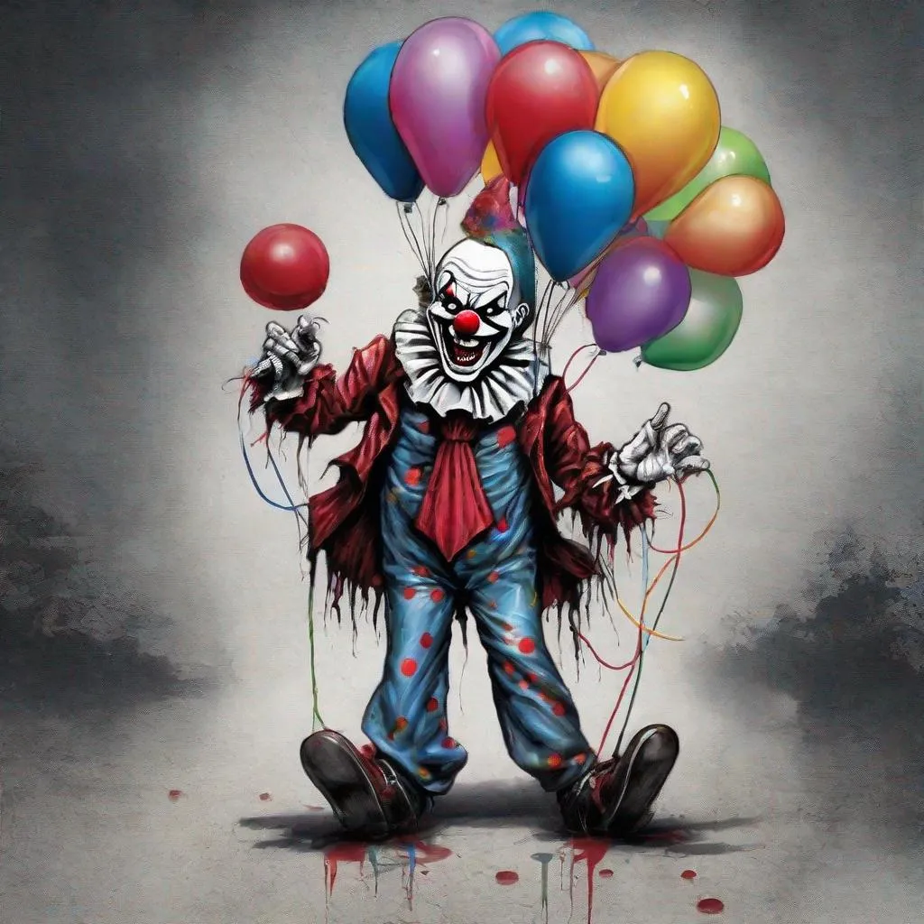 Prompt: Eddie from Iron Maiden as a horror clown with balloons in one hand