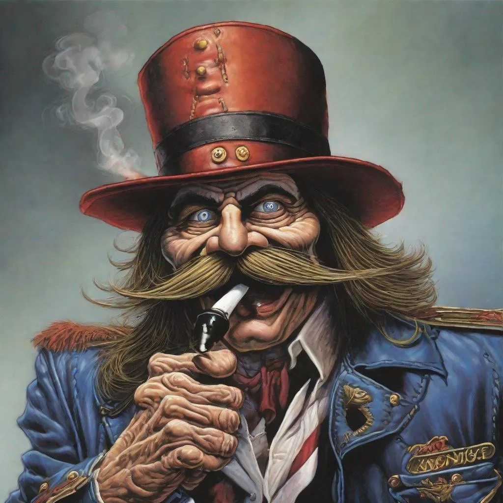 Prompt: Eddie from Iron Maiden has a mustache and is smoking a pipe