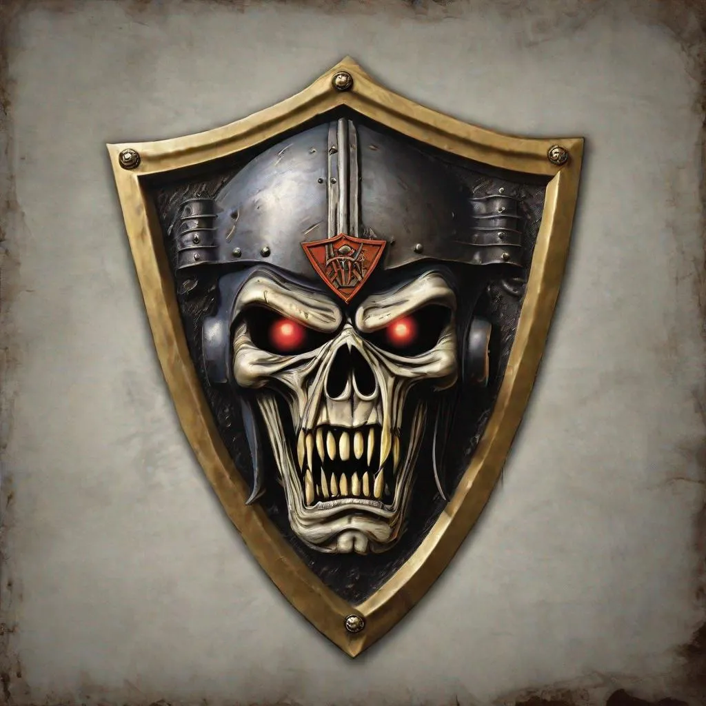 Prompt: A shield with Eddie from Iron Maiden on it