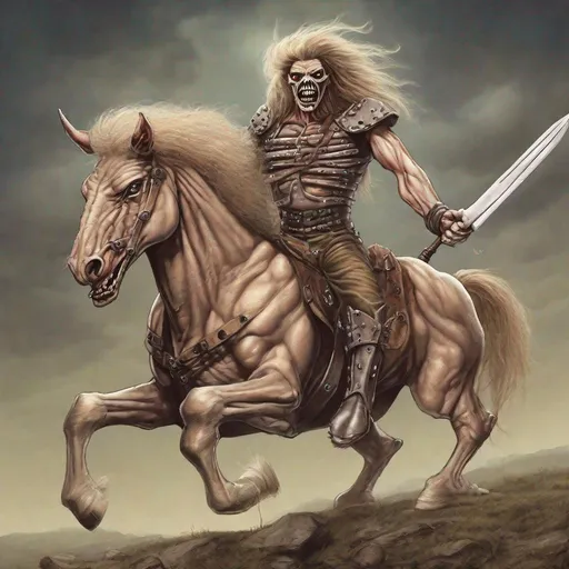 Prompt: Eddie from Iron Maiden as a centaur