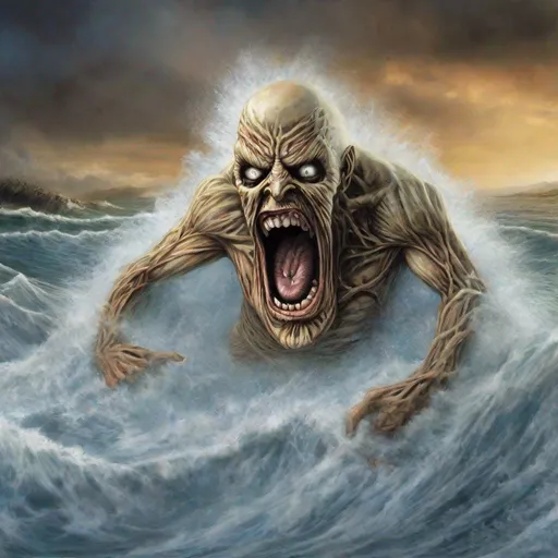Prompt: Eddie from Iron Maiden, his face in a tsunami