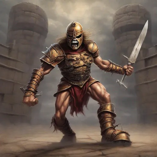 Prompt: Eddie from Iron Maiden is a gladiator