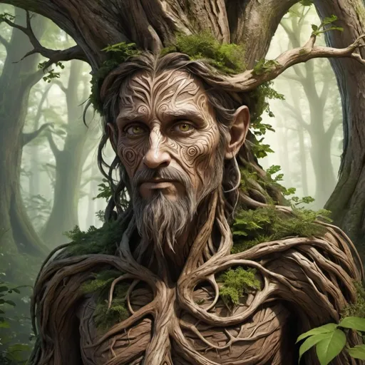 Prompt: Meet Rootwood, a fascinating character who roams the enchanted forests with a deep connection to the trees and their roots. Rootwood's appearance is as intriguing as their name suggests. Their body is adorned with intricate patterns resembling the intertwining roots of ancient trees, and their eyes shimmer with the wisdom of the forest.

Rootwood's origin is shrouded in mystery, believed by some to be born from the very essence of the oldest trees in the forest. They possess a unique ability to communicate with the trees, understanding their language whispered through the rustling leaves and swaying branches.