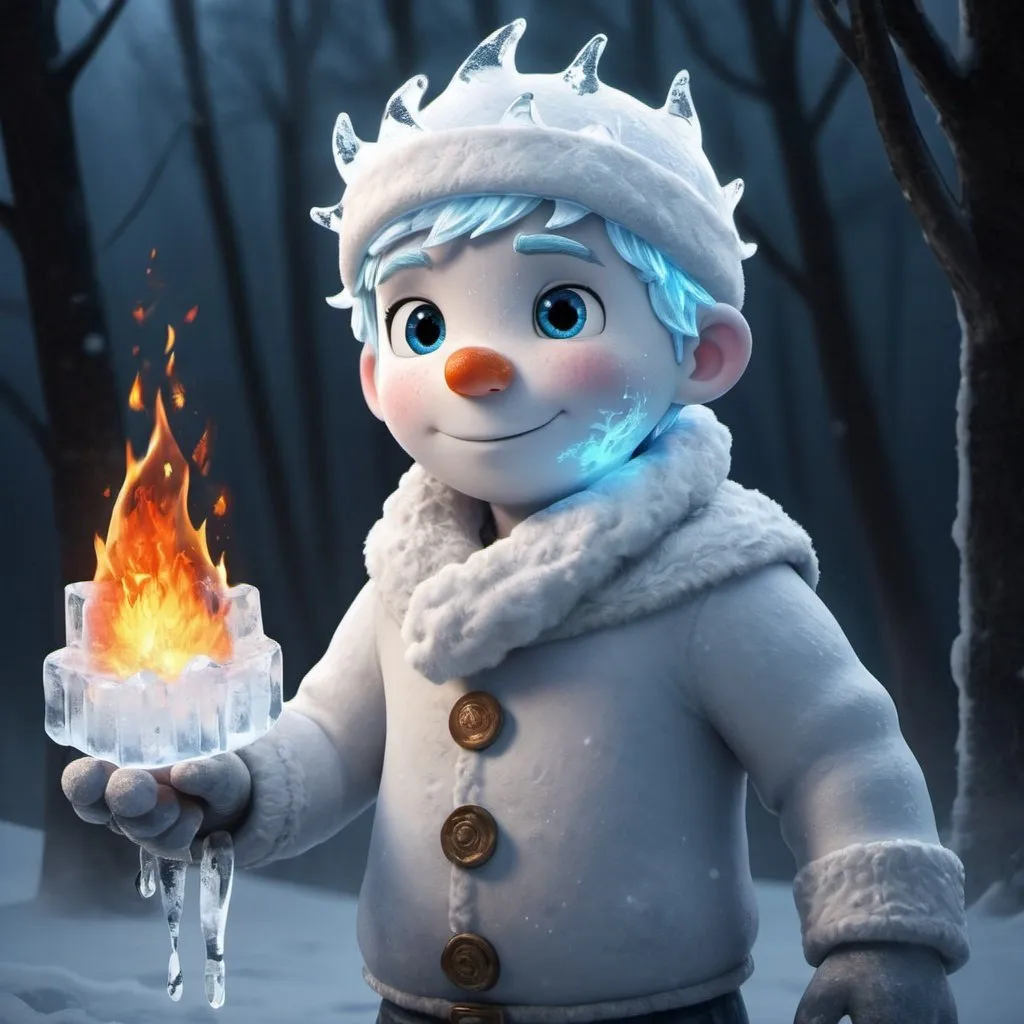 Prompt: a character made entirely of ice named Frosty. young Frosty with fire light
 for he was born from the coldest depths of the snowstorm, his body glistening like crystal under the pale moonlight. 

