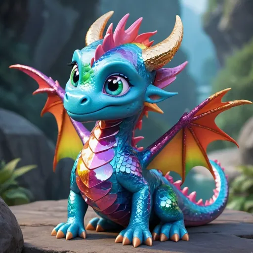 Prompt: Meet Sparkle, the curious and adventurous young dragon from the animated world of Draconia. With shimmering scales that reflect the colors of the rainbow and eyes that sparkle like precious gems, Sparkle is known far and wide for her insatiable curiosity and boundless energy.









