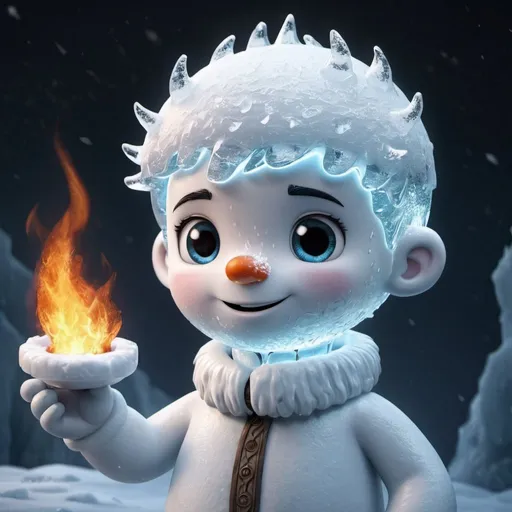 Prompt: a character made entirely of ice named Frosty. young Frosty with fire light
 for he was born from the coldest depths of the snowstorm, his body glistening like crystal under the pale moonlight. 

