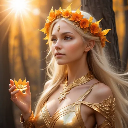 Prompt: Imagine a character akin to a solar elf. With skin kissed by sunlight, they radiate a warm, golden glow that seems to emanate from within. Their hair, a cascade of luminous strands reminiscent of spun gold, shimmers with every movement, reflecting the brilliance of the sun itself. Eyes like molten amber hold a depth of wisdom and kindness, their gaze as comforting as the gentle rays of dawn.

In their presence, nature thrives and flourishes, as if responding to their affinity with the sun. Flowers bloom brighter, trees stand taller, and the air is filled with the sweet scent of blossoms. This solar elf moves with grace and agility, their movements fluid and effortless as they dance amidst beams of sunlight.

Their attire mirrors the hues of sunrise and sunset, adorned with accents of gold and orange that shimmer like the first light of dawn. A crown of leaves and flowers rests upon their head, symbolizing their connection to the natural world and the energy of the sun.

As a solar elf, they embody the warmth, vitality, and renewal associated with the sun. Their presence brings light and joy to those around them, inspiring hope and courage even in the darkest of times. With their unwavering optimism and boundless energy, they remind others of the beauty and power of the sun, illuminating the world with their radiant spirit.







