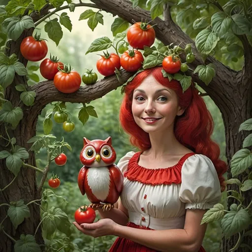 Prompt: Mrs. Tomato woman was unlike any other tomato in the garden. While her fellow tomatoes ripened on the vine, she spent her days exploring the vast expanse beyond the garden walls. Curiosity drove her to seek adventures in the neighboring fields and forests, where she discovered hidden wonders and encountered creatures of all shapes and sizes.

With her vibrant red skin and infectious enthusiasm, Mrs. Tomato became a beloved figure among the local wildlife. Squirrels chattered excitedly as she passed by, birds sang melodies in her honor, and even the wise old owl sought her counsel on matters of the forest.