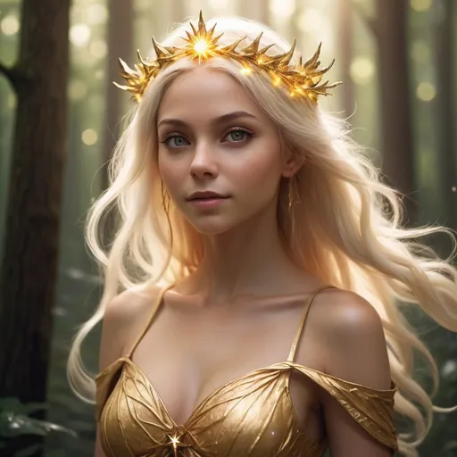 Prompt: Solara's appearance was as radiant as the sun itself,  elf sunshaine with hair that shimmered like spun gold and eyes that sparkled like the brightest stars. Her presence alone seemed to light up the darkest corners of the forest, filling the air with warmth and positivity.







