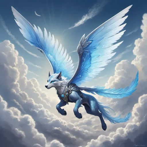 Prompt: Meet Zephyr, the enigmatic wanderer of the skies. With shimmering azure wings that span the breadth of the horizon, Zephyr soars through the heavens with grace and agility unmatched. His eyes, as deep and endless as the vast expanse of the atmosphere, hold secrets of the ancient winds and whispers of distant lands. Though seldom seen by mortal eyes, Zephyr's presence is felt in the gentle caress of a breeze and the playful dance of leaves carried aloft. He roams the skies in search of forgotten realms and undiscovered wonders, a solitary sentinel of the boundless skies.