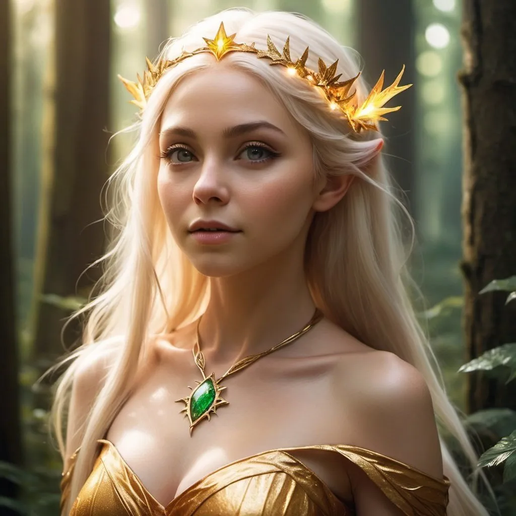 Prompt: Solara's appearance was as radiant as the sun itself,  elf sunshaine with hair that shimmered like spun gold and eyes that sparkled like the brightest stars. Her presence alone seemed to light up the darkest corners of the forest, filling the air with warmth and positivity.







