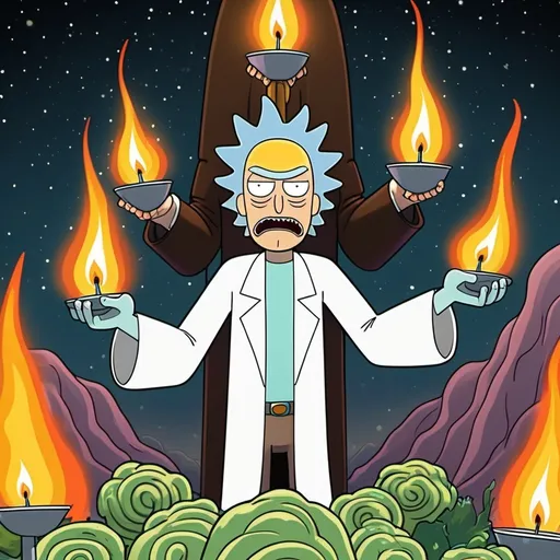 Prompt: Please generate image in the context of this joke related to the popular tv series rick and Morty. Here is the joke - well, if it’s god power that gets you going, light some candles, put on Billy ocean, cause Moses is home and he is ready to burn some bushes.