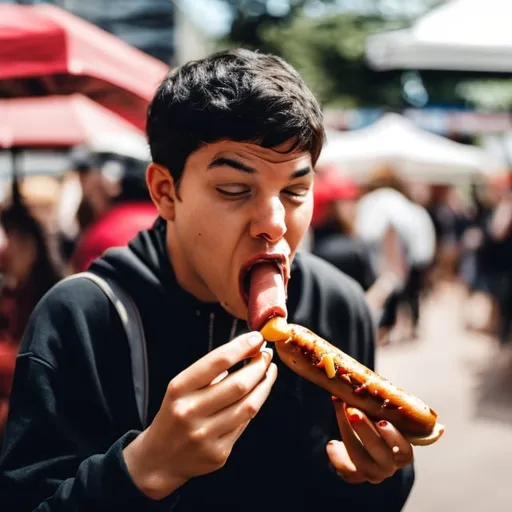 Prompt: A person eating a hotdog