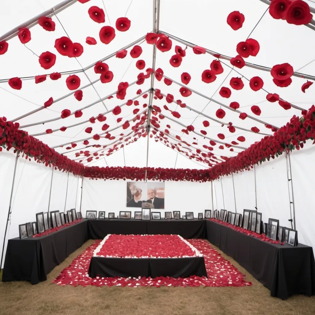 Prompt: 6" * 6" outdoor exhibition tent with black lining interior, has 25 picture frames without photos hanging on the walls, 40 LED candles lined up on the floor of the tent, red and white rose petals hanging from the ceiling of the tent