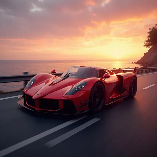 Prompt: Photorealistic sleek sports car, dynamic pose, striking metallic red exterior, speeding along a scenic coastal highway. Captivating sunset paints the sky with warm hues of orange and purple, reflecting on the shimmering ocean waters. Vibrant detailing on the car shows off its design. Ultra-detailed, high-quality visuals with a cinematic ambiance that captures the thrill of speed.