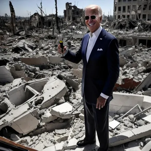 Prompt: Joe Biden smiling with a champagne glass held in his hand, amidst the rubble of a destroyed building.