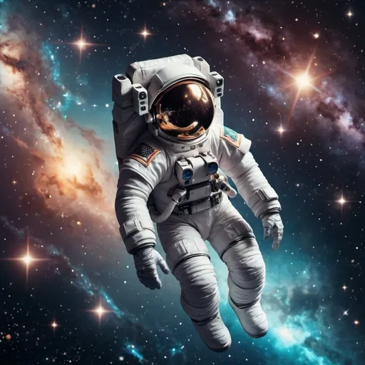 Prompt: An astronaut floating in space, spaceship behind him, galaxies and stars lights shimmering. 
