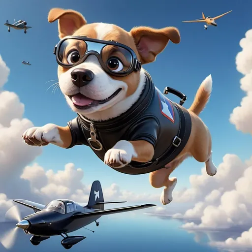 Prompt: A dog wearing dark glass in jumping suit floating in the sky. Single-engine aircraft in the background. Pixar Style XL