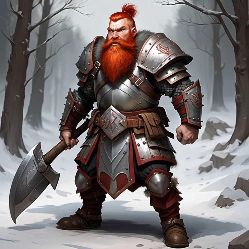 Prompt: dwarfen warrior, small, batte axe, full body armor, no helmet, red hair, red beard,