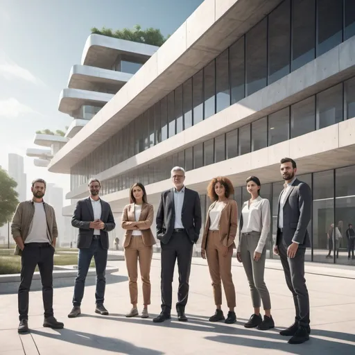 Prompt: create a photorealistic group of interesting architectures and leaders, casual clothes, very chill and friendly looking, natural lighting, 4 women and 5 men, standing in front of sustainable futuristic and natural architectural building
