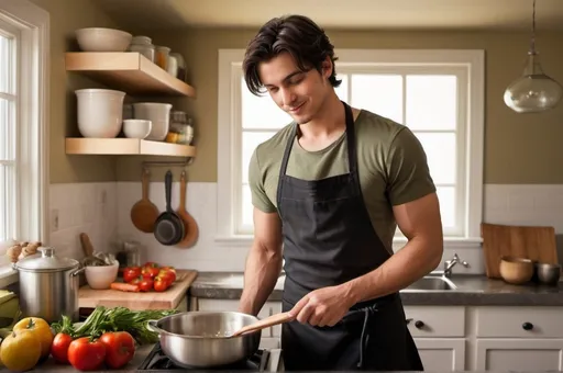 Prompt: Character Description: A young man in his mid-twenties is in a modern kitchen, preparing a meal with focused yet relaxed energy. He has medium-length, slightly tousled dark brown hair and warm hazel eyes. His light olive skin glows under the warm kitchen lighting, and his sharp, well-defined features show concentration as he cooks. He’s wearing a fitted dark green t-shirt with the sleeves rolled up, dark jeans, and a black apron.

Scene: The kitchen is contemporary and well-lit, with sleek countertops and stainless steel appliances. On the counter, there are fresh ingredients like chopped vegetables, herbs, and spices. The man is standing by the stove, stirring a steaming pot with a wooden spoon, a hint of a smile on his face as he enjoys the process. The background includes a window with soft, natural light filtering in, and some kitchen utensils and pots hanging on the wall. A bowl of fresh produce sits on the counter nearby, adding vibrant colors to the scene.