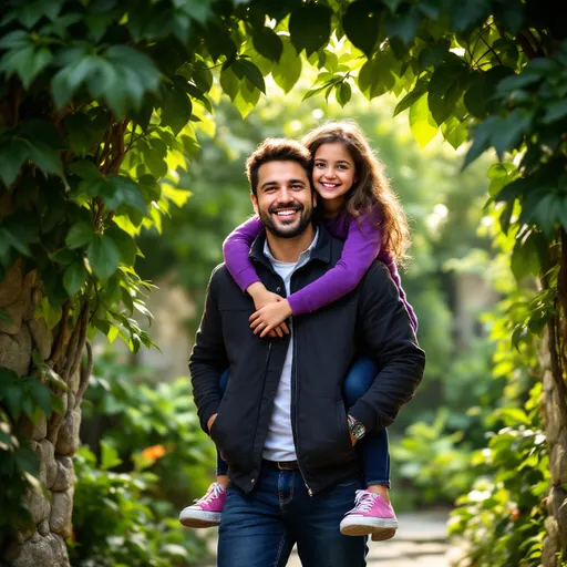 Prompt: Framed amidst lush greenery, a man stands with a joyful expression, cradling a young girl who is playfully wrapped around his shoulders. Their smiles radiate warmth, enhancing the vibrant atmosphere of the outdoor scene. The backdrop features rich foliage and stone textures, hinting at a serene natural setting, possibly a park or garden. Sunlight filters through the leaves, casting a gentle glow that highlights their casual attire — the man in a dark jacket and jeans, while the girl wears a purple top. Together, they embody a moment of happiness and connection in this picturesque environment.