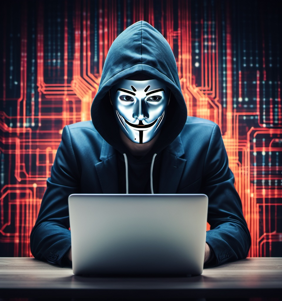 Prompt: I need an image for my webcast on "Why small business needs cyber security" The image should show a hacker but not his face.