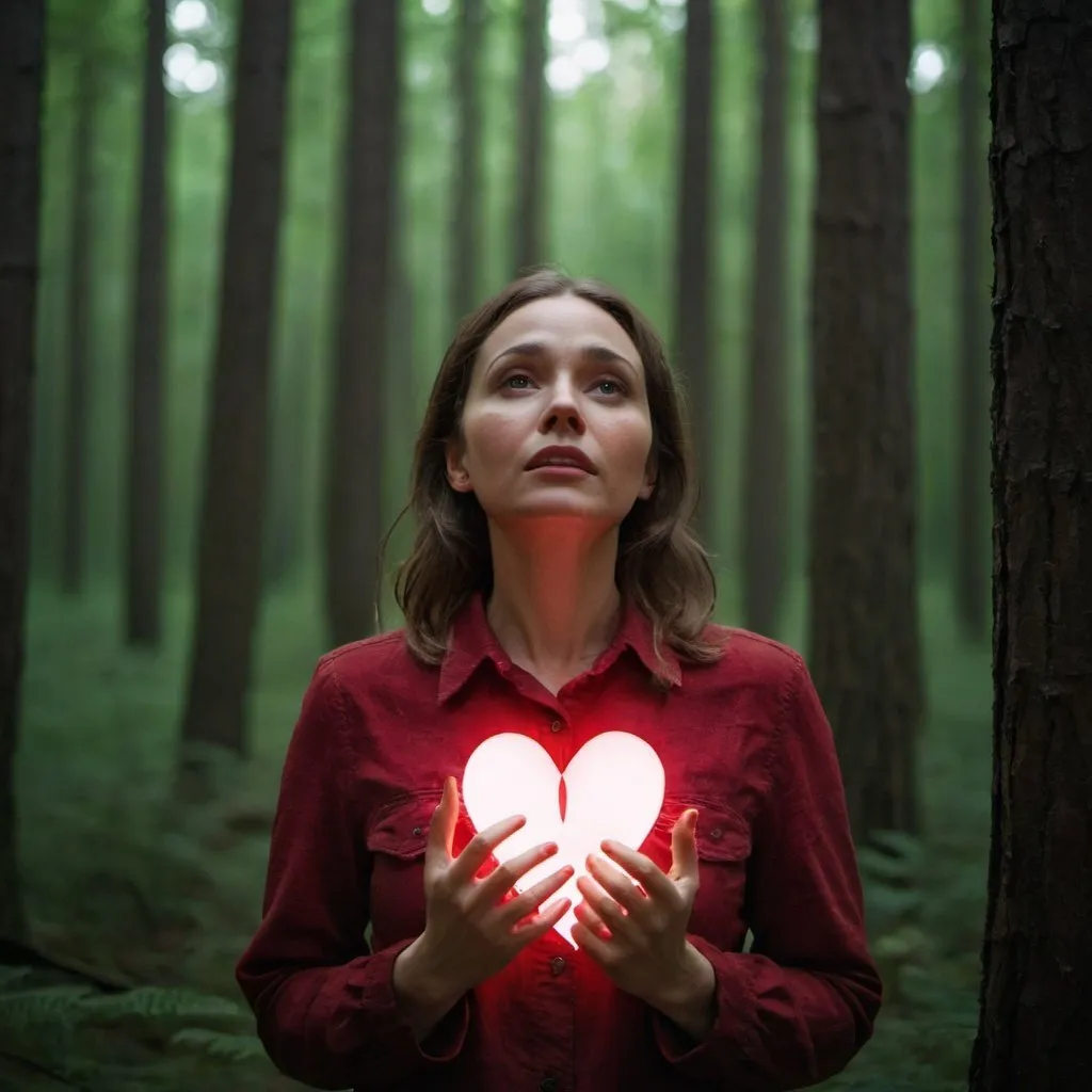 Prompt: A woman standing in a forest with her heart aglow and her face upturned