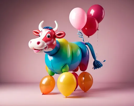 Prompt: Retro style image of an animated friendly cow made of balloons in vibrant ombre colors