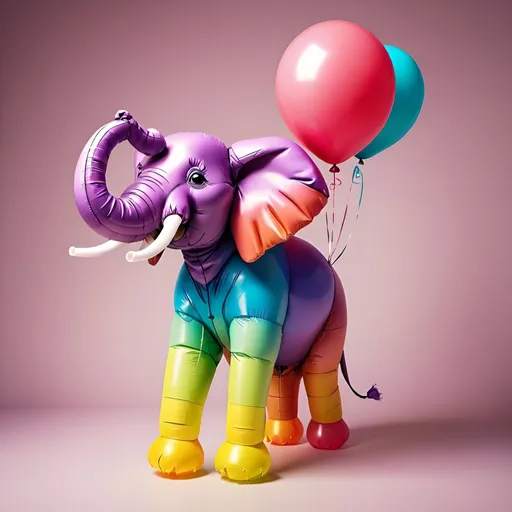 Prompt: Retro style image of an animated friendly elephant made of balloons in vibrant ombre colors