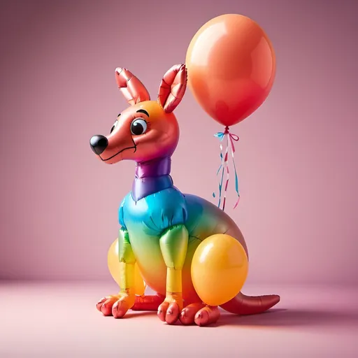 Prompt: Retro style image of an animated friendly, happy kangaroo made of balloons in vibrant ombre colors 