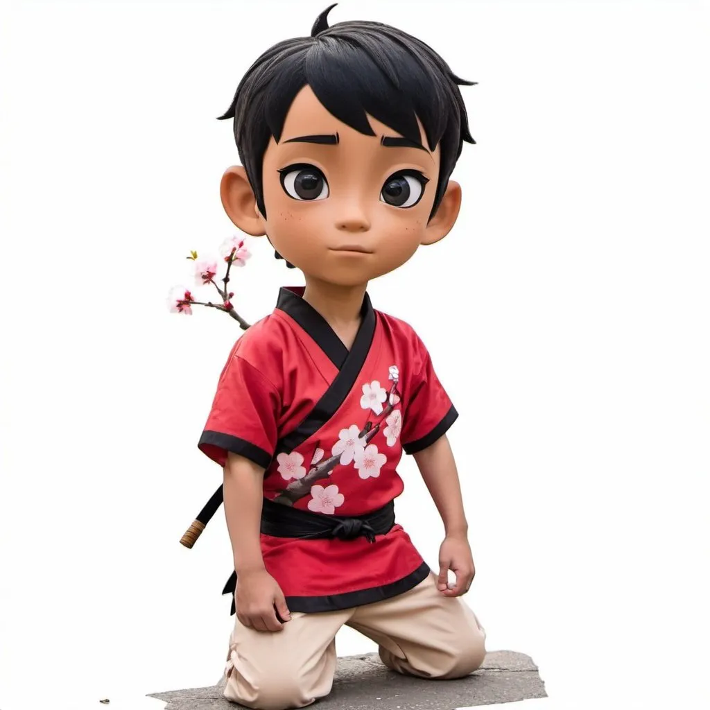 Prompt: Disney style tall, 6 year old boy with short black hair, big black eyes, light brown skin, wearing a ninja costume, and posing with Japanese cherry blossoms in the background