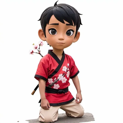 Prompt: Disney style tall, 6 year old boy with short black hair, big black eyes, light brown skin, wearing a ninja costume, and posing with Japanese cherry blossoms in the background