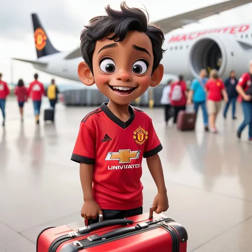 Prompt: Disney style tall, 6 year old boy with short black hair, big black eyes, light brown skin, wearing a Manchester United jersey, holding his small suitcase outside the airport, smiling and excited about a holiday
