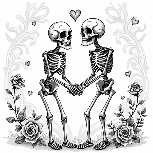 Prompt: Two romantic skeletons in a loving embrace, holding hands, with delicate roses and hearts surrounding them. The scene is gothic yet whimsical, in black and white line art perfect for a coloring book. The skeletons should have detailed bones with human-like features and an elegant, playful style. The background should have soft, swirling patterns to add depth, with no shading, just clear outlines for easy coloring. The skeletons should be positioned as if they are dancing or hugging, exuding warmth and love.