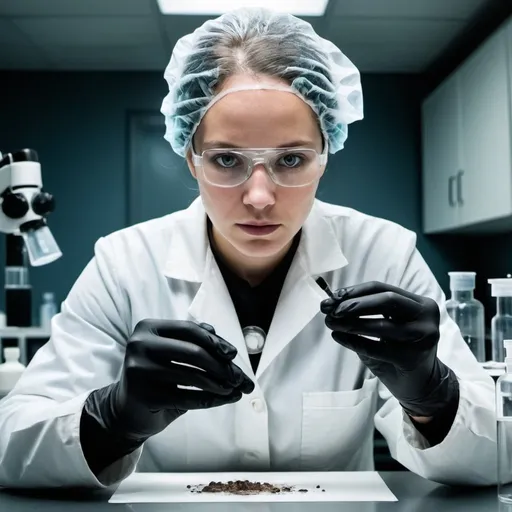 Prompt: Create a dramatic image of a forensic lab technician at the lab, the technician's face and hands to be the primary focus.