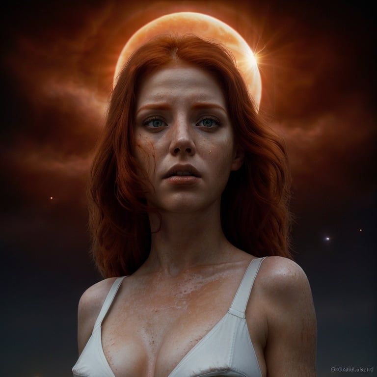 Prompt: Redhead woman in white undergarment, partial solar eclipse behind St. Louis Arch, detailed face with intense expression, realistic oil painting, astronomical event, high quality, dramatic lighting, surreal, red hair, celestial red hues, detailed surroundings, atmospheric, intricate details, eclipse, realistic, scenic, intense gaze, striking composition, professional, atmospheric lighting