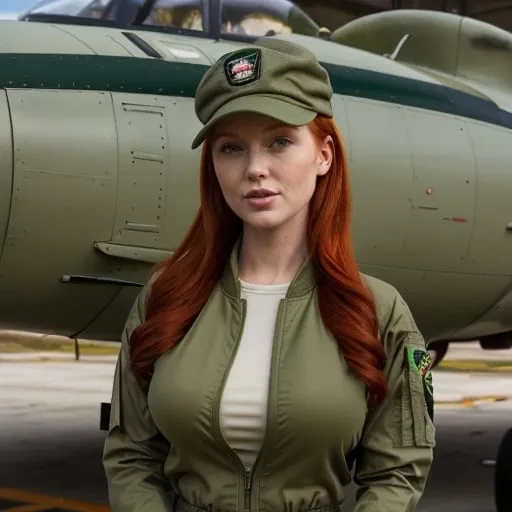 Prompt: buxom Redhead wearing Olive drab flight suit and wearing green ball cap
