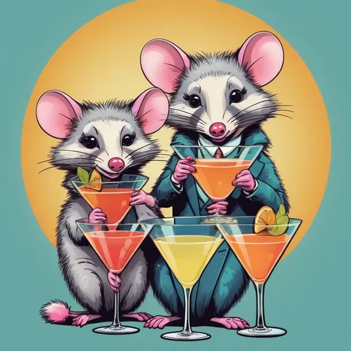 Prompt: Opossums sipping martinis, retro cartoon style, vintage cocktail glasses, playful expressions, detailed fur, fun and whimsical, vibrant colors, mid-century modern aesthetic, high quality, detailed illustration, retro, cartoon, vintage, playful, vibrant colors, mid-century modern, detailed fur, whimsical, cocktails, fun, highres, professional