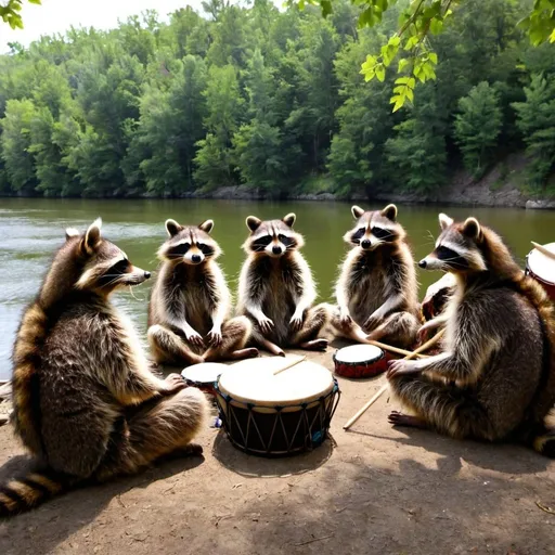 Prompt: racoon drum circle next to river