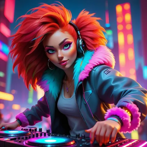 Prompt: High-quality 3D rendering of a DJ red headed girl at a vibrant rave, neon lights, energetic crowd, futuristic city skyline in the background, detailed fur with colorful reflections, expressive and lively gestures, dynamic atmosphere, party vibes, professional lighting, 3D rendering, vibrant colors, futuristic, detailed fur, energetic, neon lights, city skyline, dynamic pose, professional, party vibes