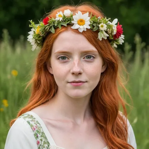 Prompt: red haired Midsomer girl wearing a crown of flowers